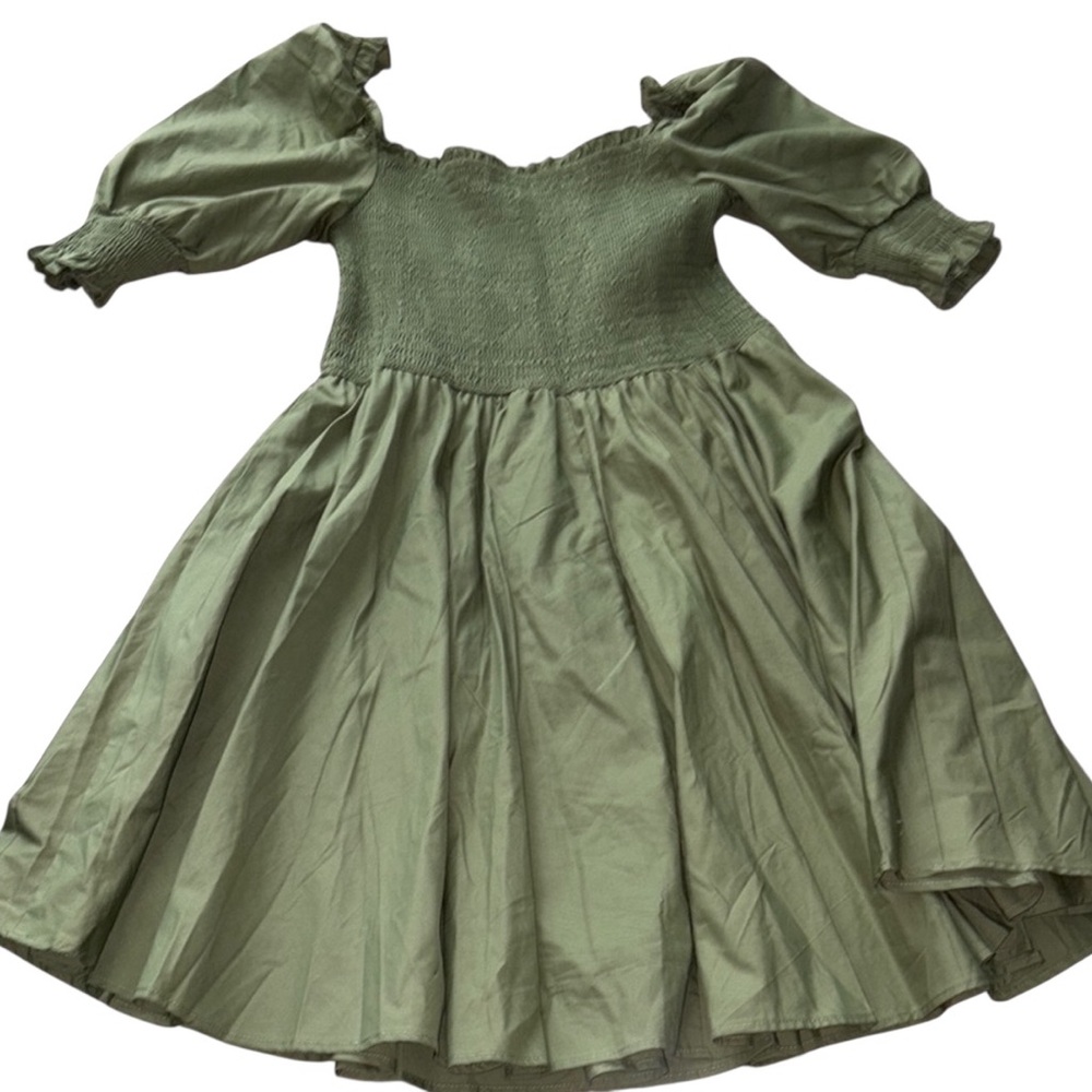 Olive Green Smocked Waist Midi Dress - Unbranded
